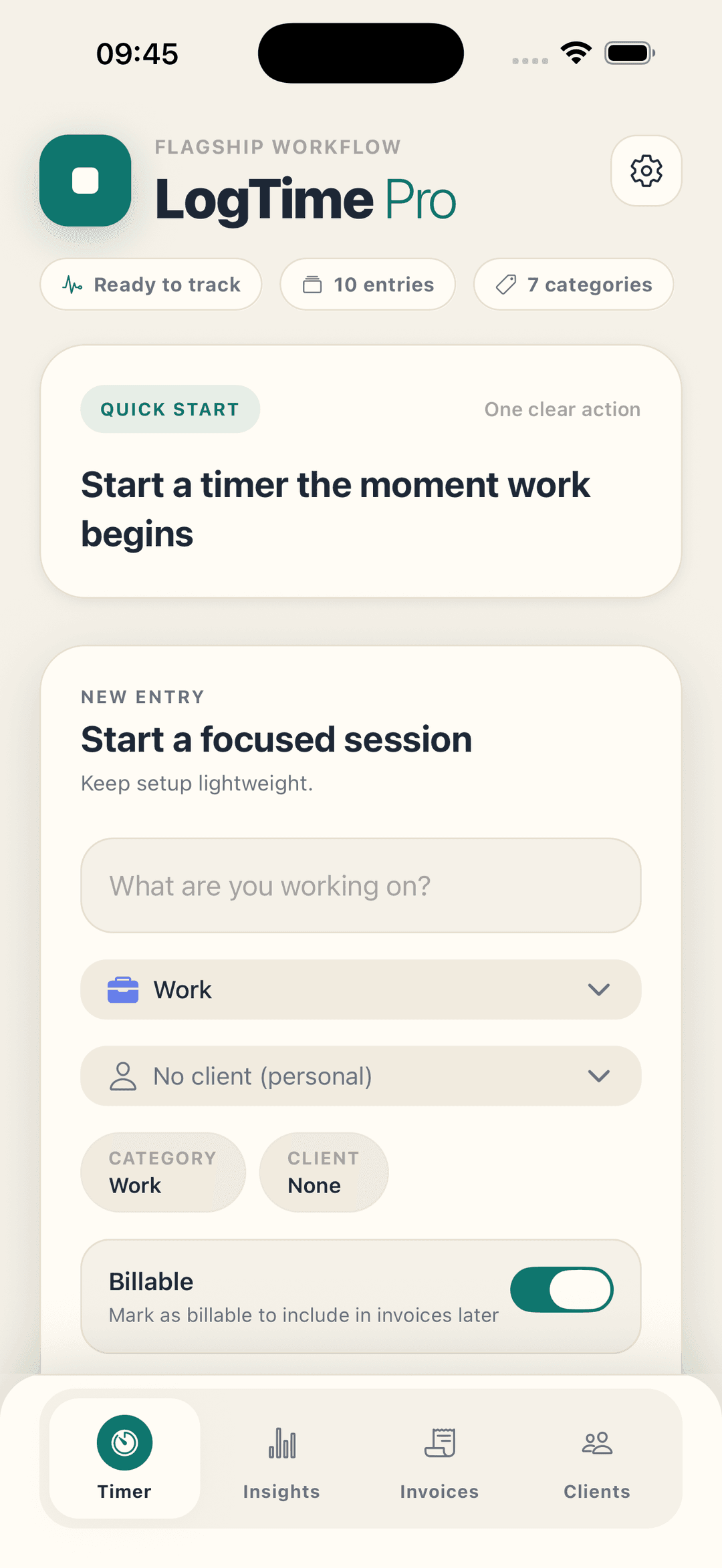 LogTime Pro timer screen